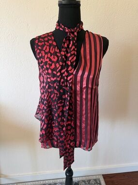 EUC ALICE & Olivia SILK Sleeveless Black & Red Tie-Neck Mixed Print Top